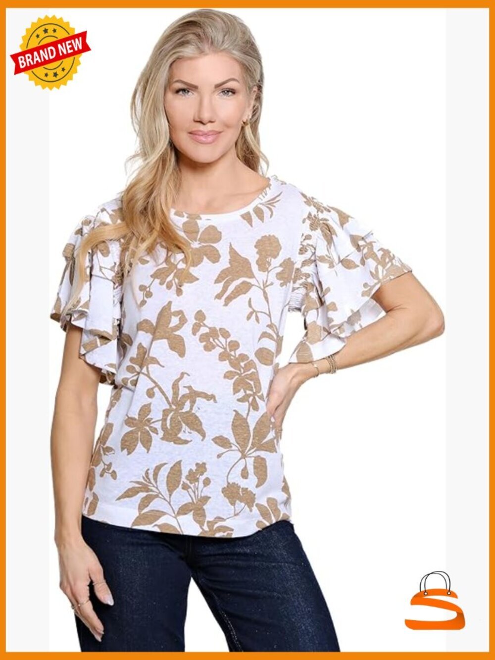 Womens Linen Rayon Tunic Top Short Sleeve Round Neck Floral Casual Chic